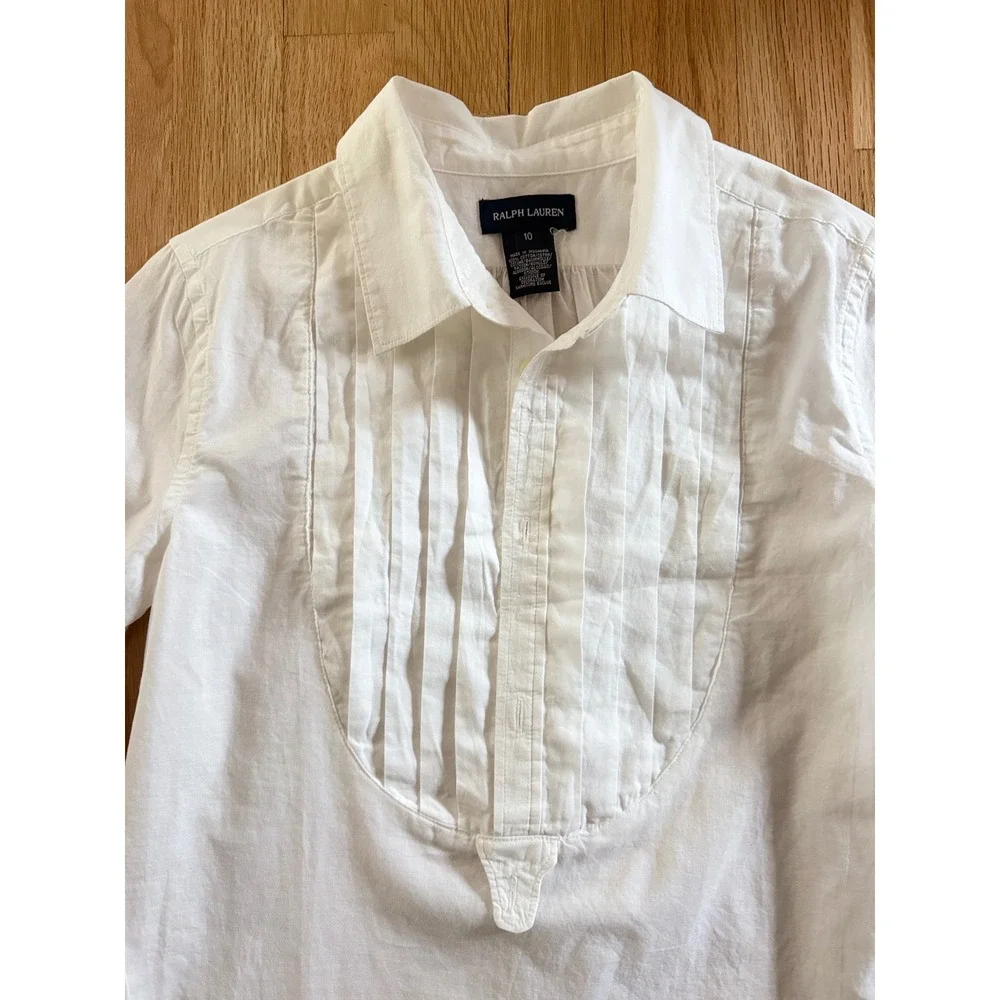 Ralph Lauren Kids White Cotton Tuxedo Pleated Bib Long Sleeve Shirt Size 10